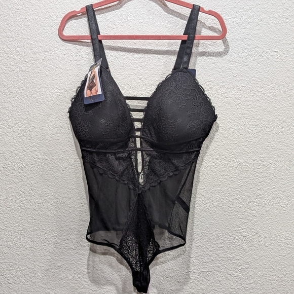 Rachel Roy Curvy Lace High Cut Teddy Bodysuit Black 1X NWT Sheer Lingerie - Picture 5 of 10